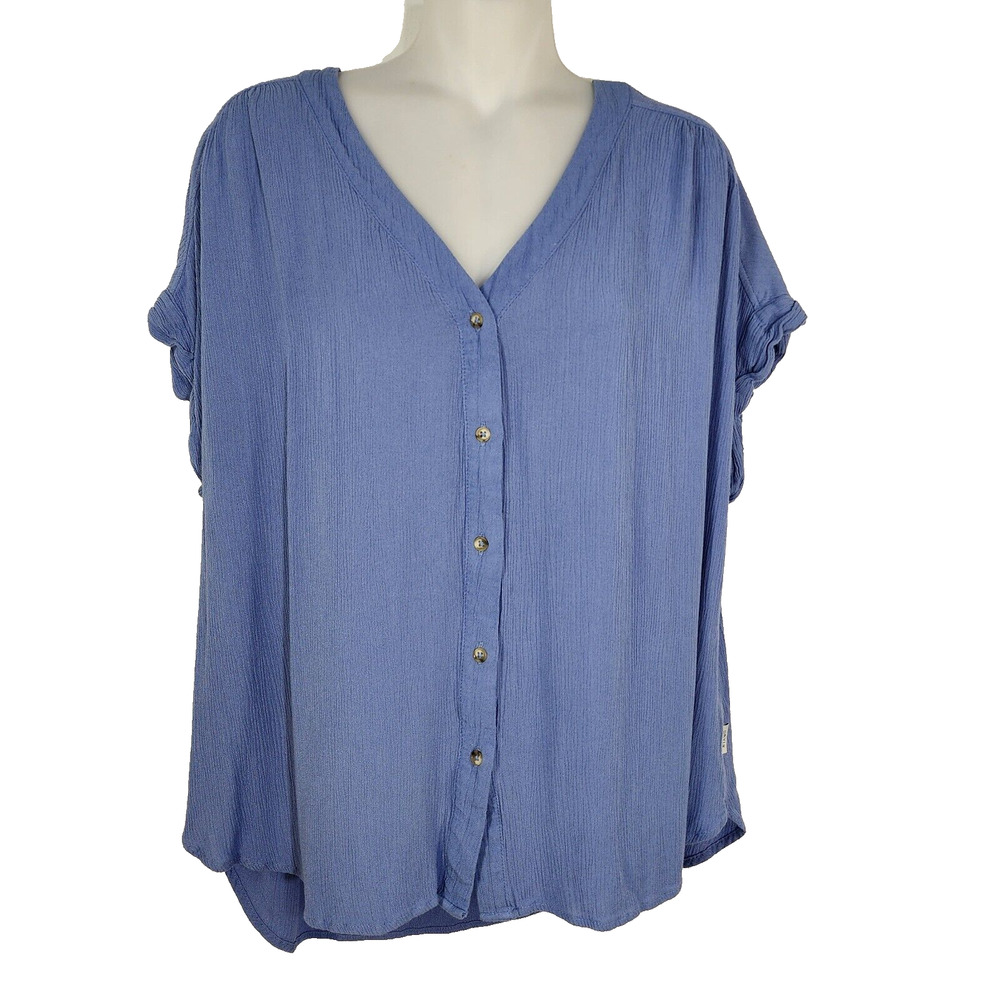 Orvis Top Womens Size Large Button Front Relaxed Fit Woven Crepe Blue V Neck